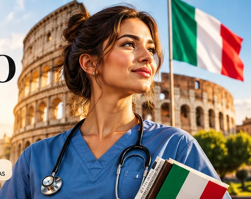 Enfermeira com bandeira italiana e Coliseu ao fundo